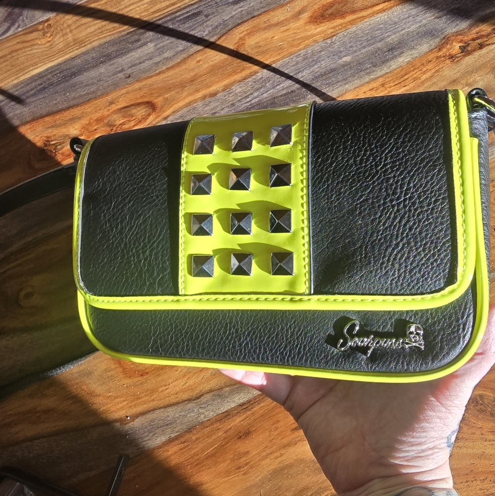 Brand New Sourpuss Neon Yellow, Black Faux Leather Studded Purse Cross Body Bag - Picture 3 of 7